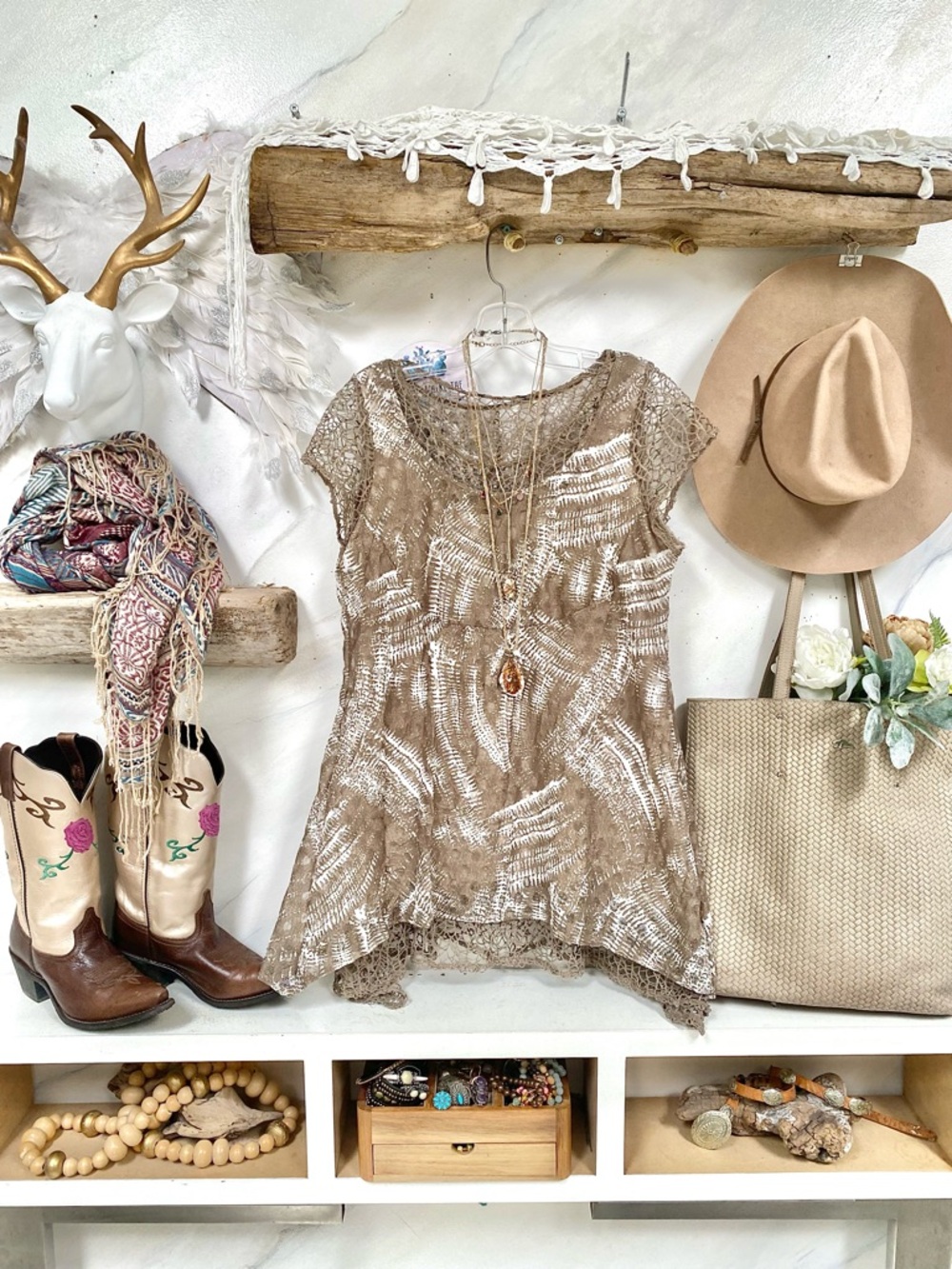 Mesh semi sheer boho tunic blouse w shabby chic resort vacay botanical vibe